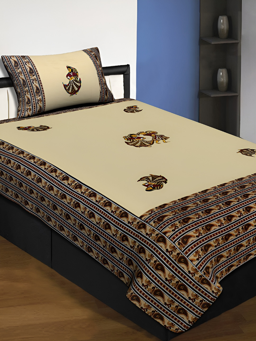 

JAIPUR FABRIC Beige & Brown Ethnic Motifs 220 TC Single Bedsheet with 1 Pillow Covers