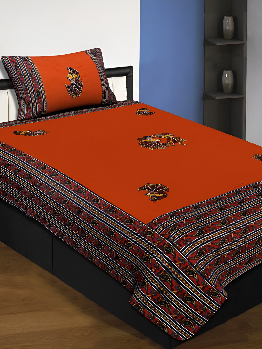 

JAIPUR FABRIC Orange & Yellow Ethnic Motifs 220 TC Single Bedsheet with 1 Pillow Covers