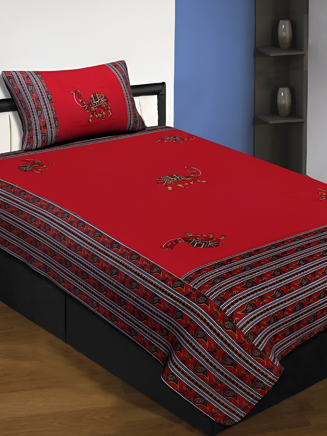 

JAIPUR FABRIC Red & Yellow Ethnic Motifs 220 TC Single Bedsheet with 1 Pillow Covers