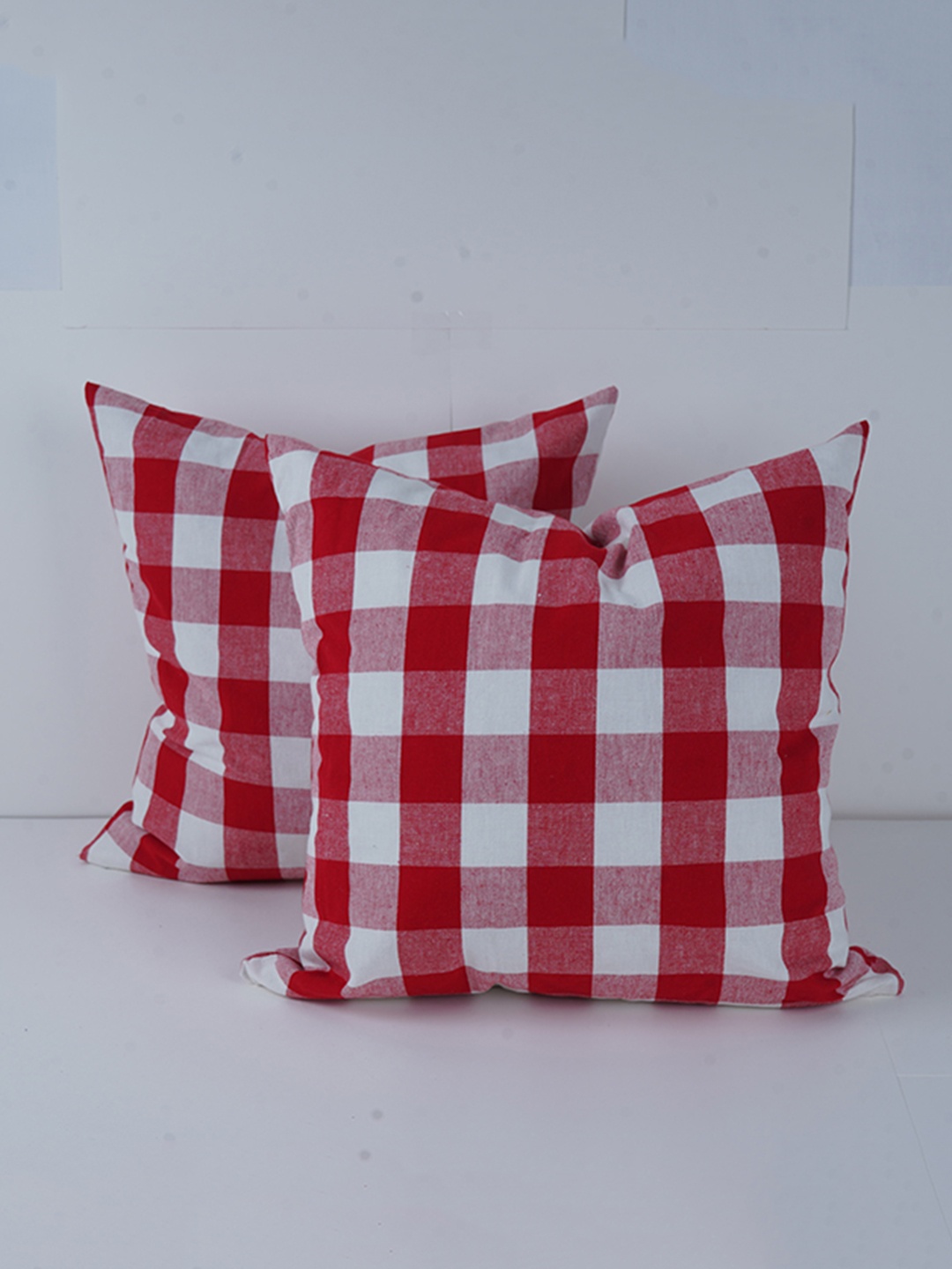 

SKANDA FAB Red & White 2Pcs Checked Cotton Sofa Cushions