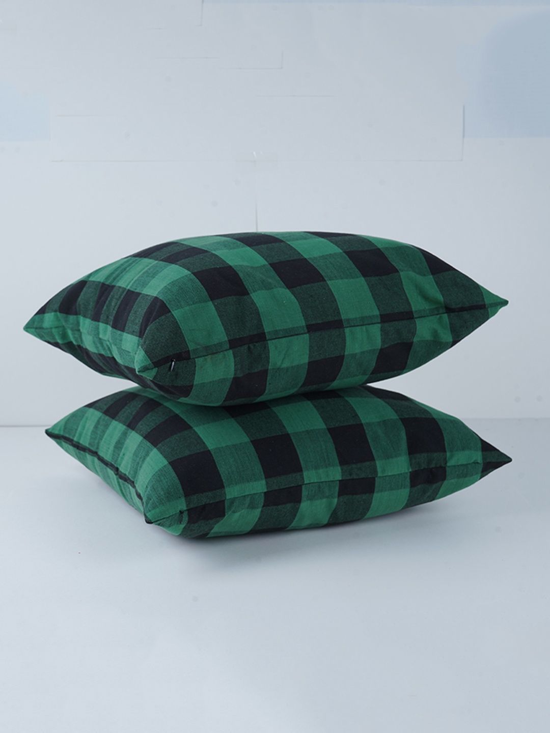 

SKANDA FAB Green & Black 2 Pieces Checked Cotton Sofa Cushions