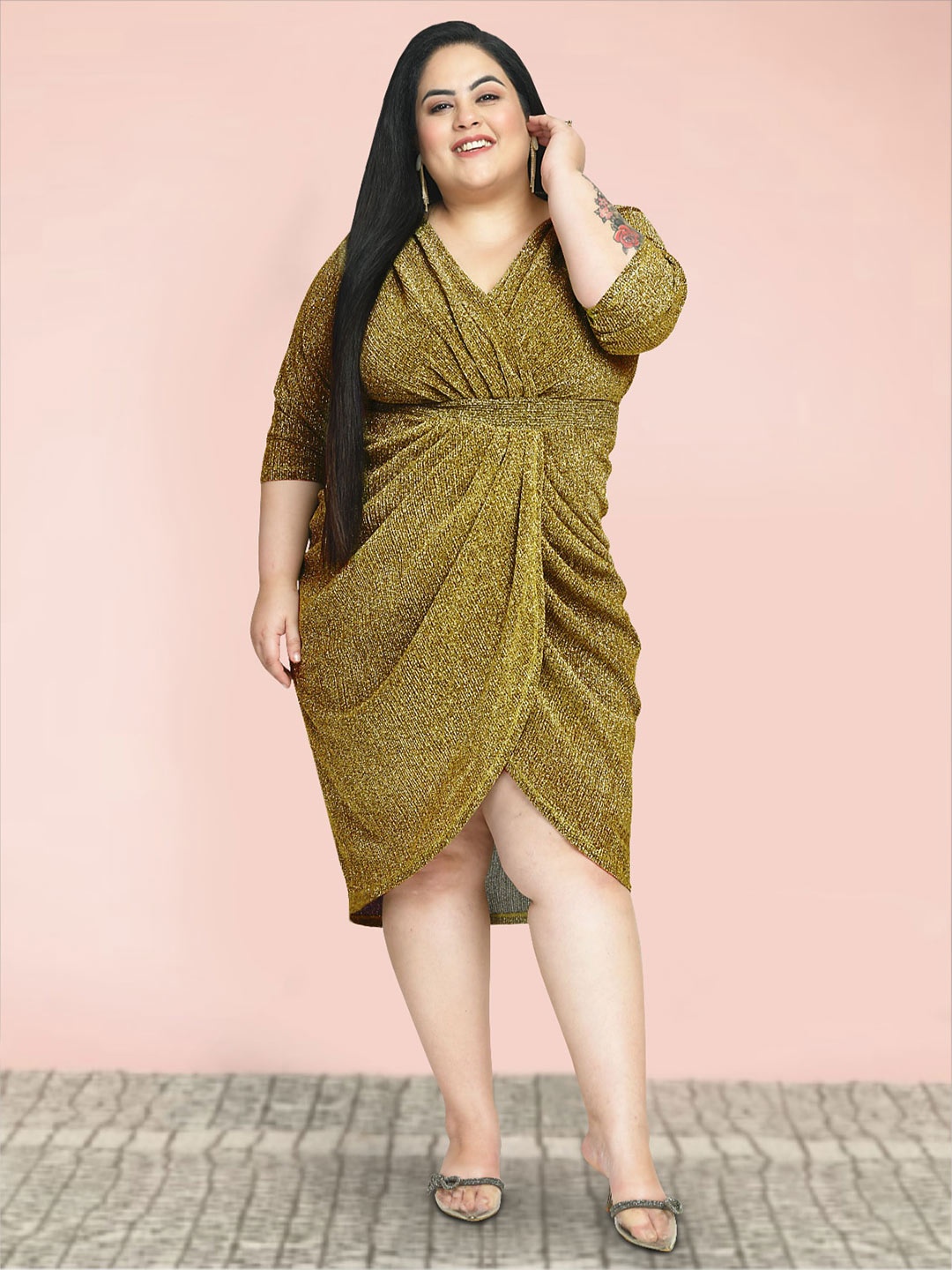 

wild U Plus Size Embellished Gathered or Pleated Wrap Dress, Gold