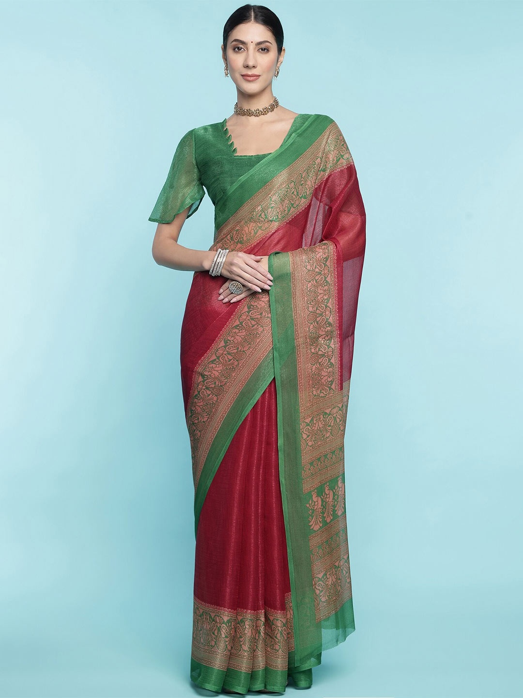 

Mitera Ethnic Motifs Printed Pure Cotton Saree, Maroon