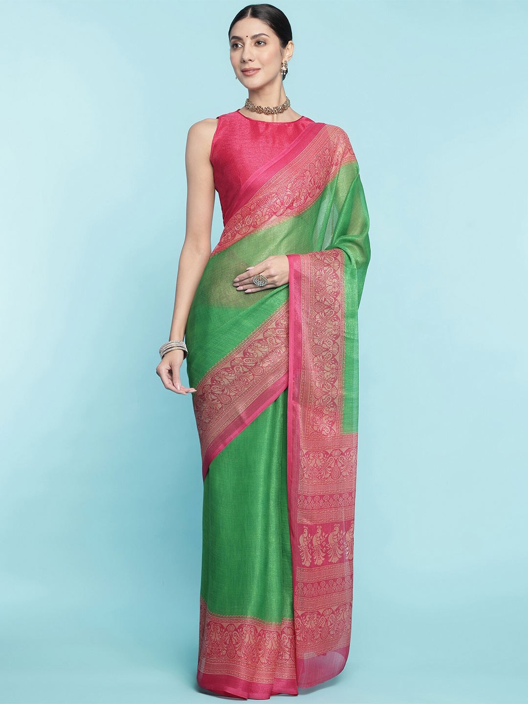

Mitera Green Ethnic Woven Design Zari Pure Cotton Saree