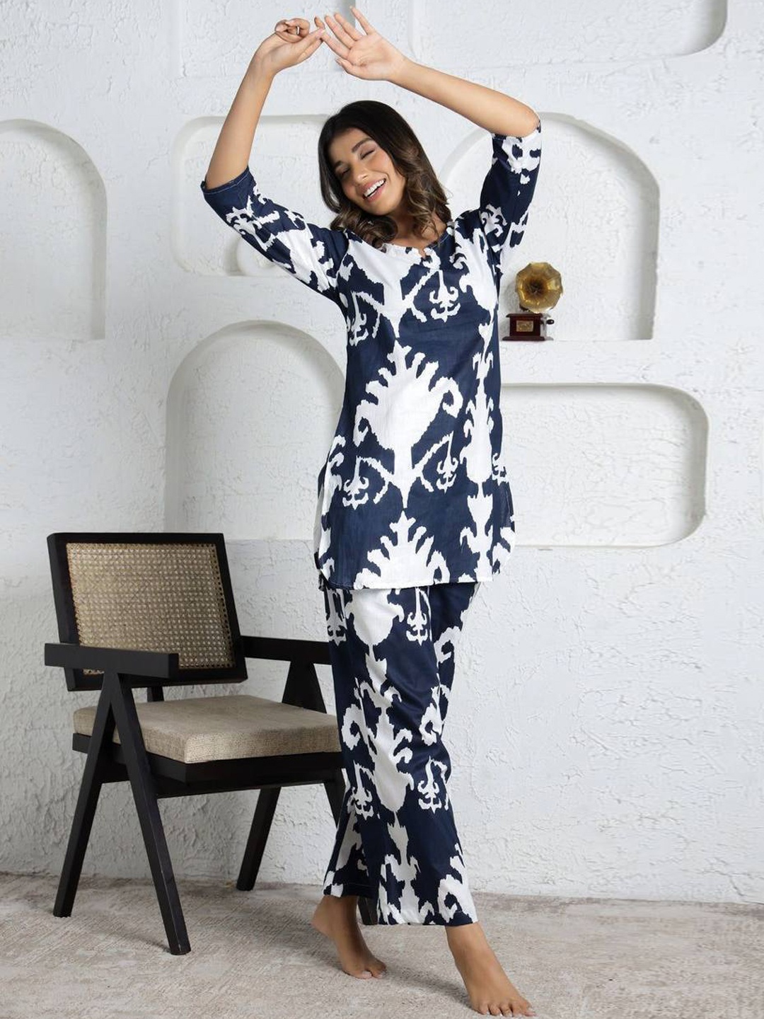 

SWAADHI Printed Pure Cotton Top And Trouser Co-Ords, Blue