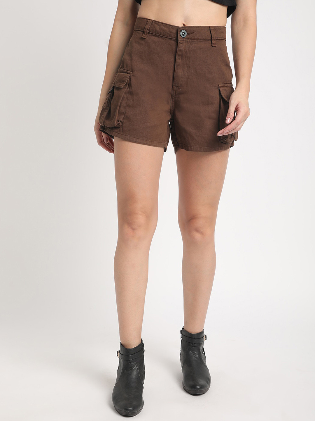 

The Roadster Lifestyle Co. Women Pure Cotton High Rise Regular Fit Cargo Shorts, Brown