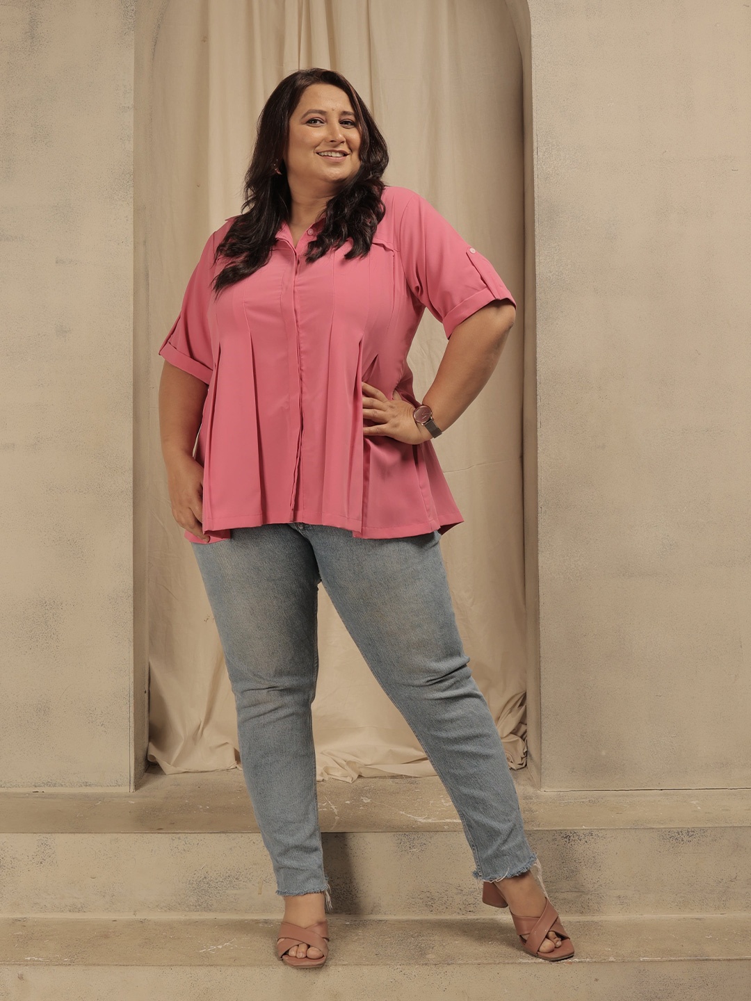 

RACHNA Spread Collar Pleated Standard Opaque Casual Shirt, Pink