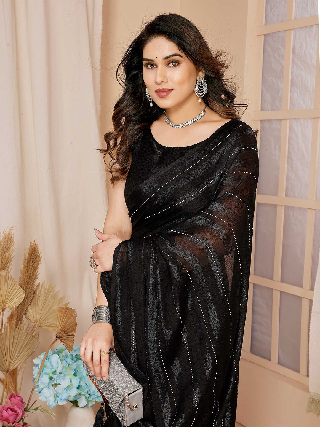 

VAIRAGEE Striped Embellished Ready To Wear Saree, Black