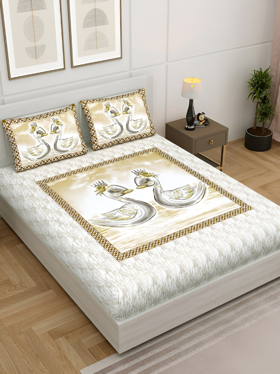 

JAIPUR FABRIC White & Grey Ethnic Motifs 250 TC King Bedsheet with 2 Pillow Covers