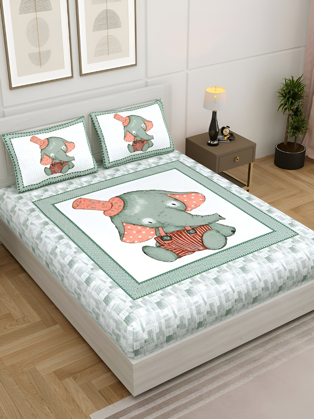 

JAIPUR FABRIC White & Green Cartoon Characters 250 TC King Bedsheet with 2 Pillow Covers