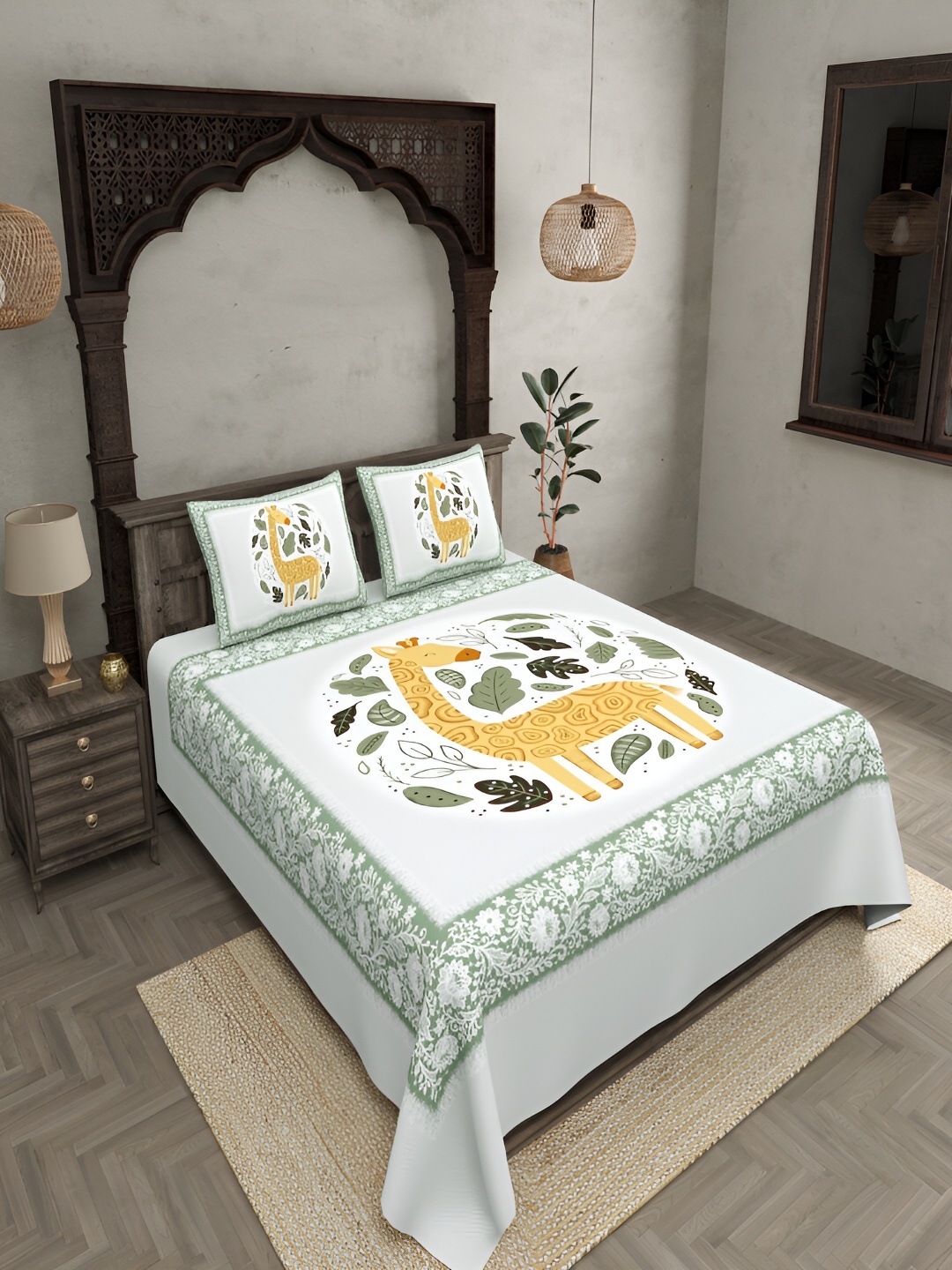 

JAIPUR FABRIC White & Green Ethnic Motifs 250 TC King Bedsheet with 2 Pillow Covers