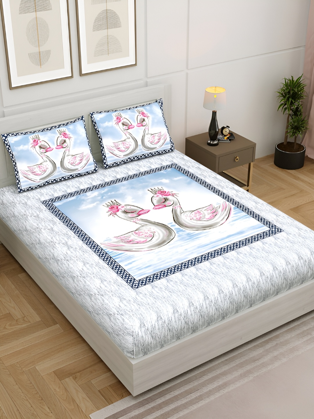 

JAIPUR FABRIC White & Blue Ethnic Motifs Printed Cotton 250 TC King Bedsheet Set