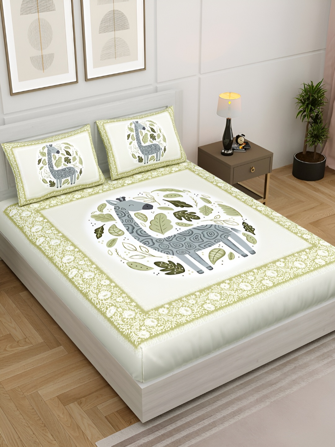 

JAIPUR FABRIC White & Grey Ethnic Motifs Printed Cotton 250 TC King Bedsheet Set