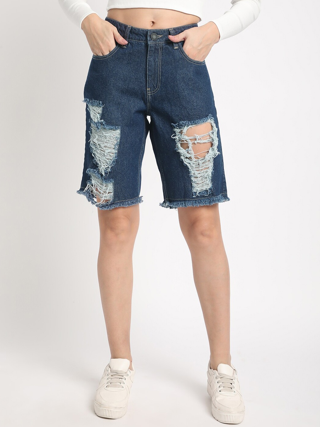 

Bene Kleed Slim Fit High-Rise Distressed Denim Shorts, Blue