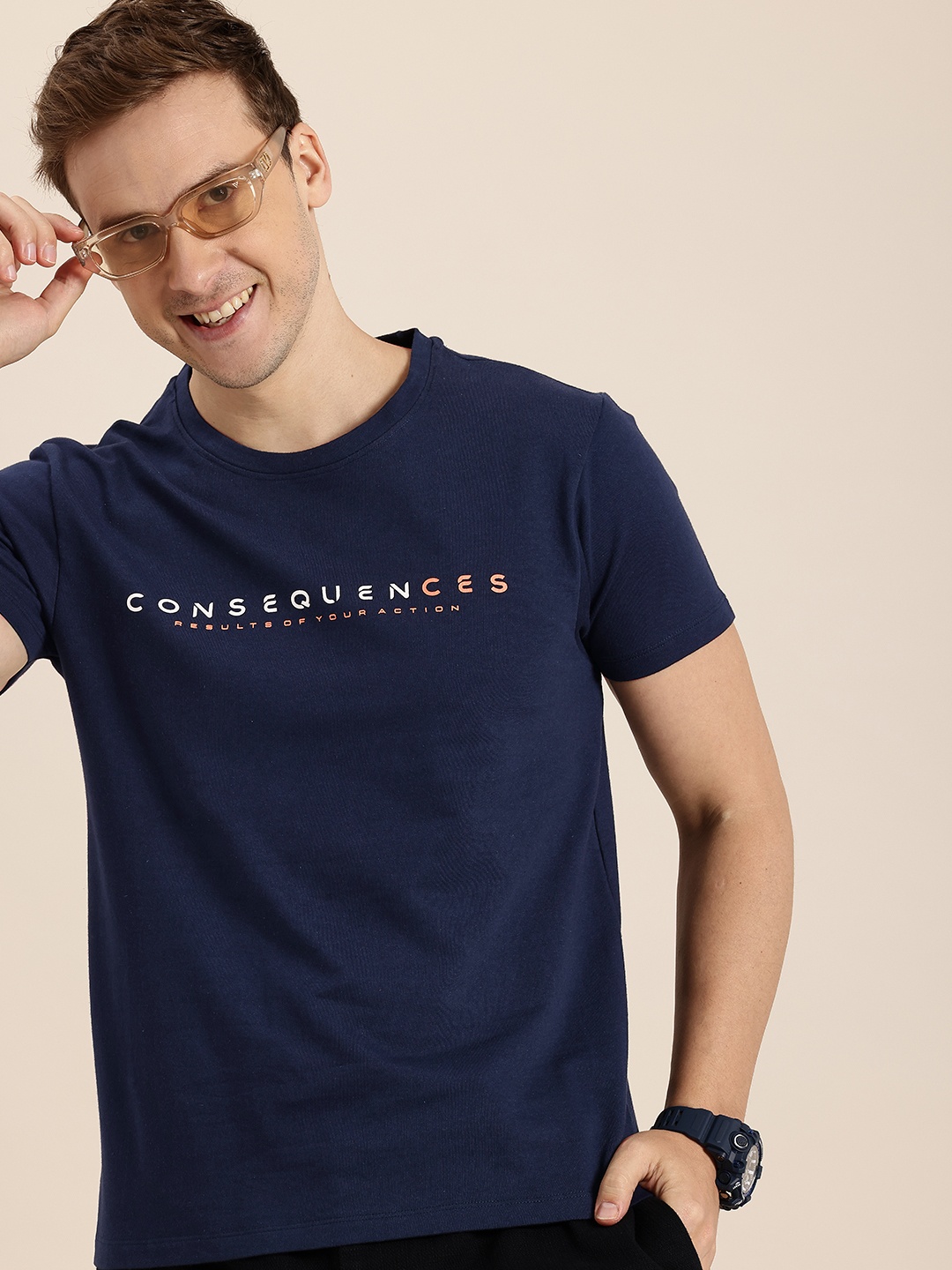 

HERE&NOW Men Typography Printed Pure Cotton T-shirt, Navy blue