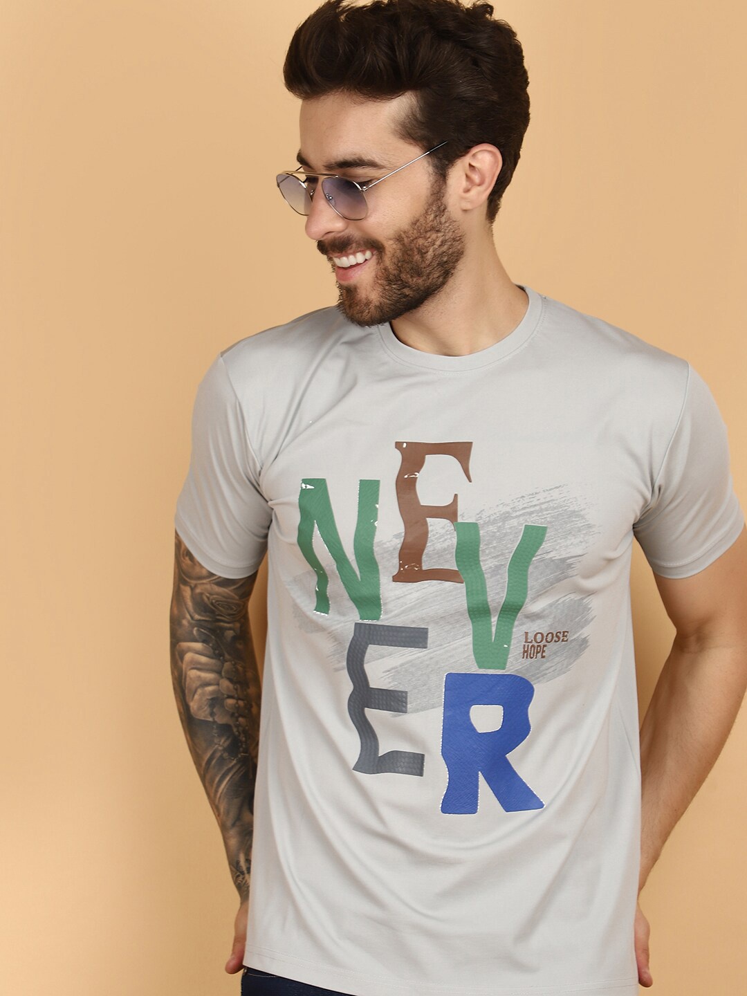 V-Mart Typography Printed Round Neck Cotton T-shirt, Grey