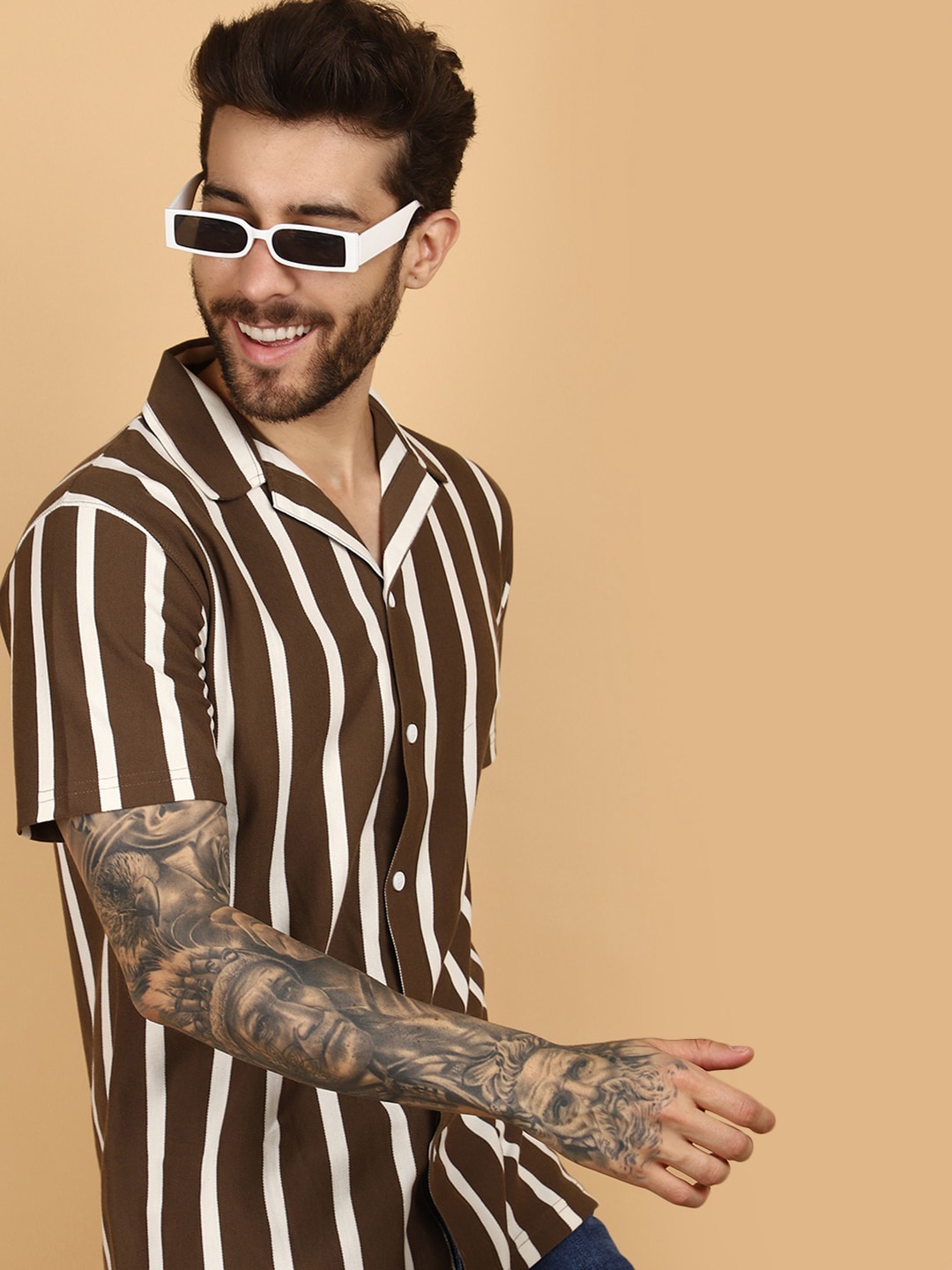 

V-Mart Striped Polo Collar Extended Sleeves Cotton Casual T-shirt, Brown