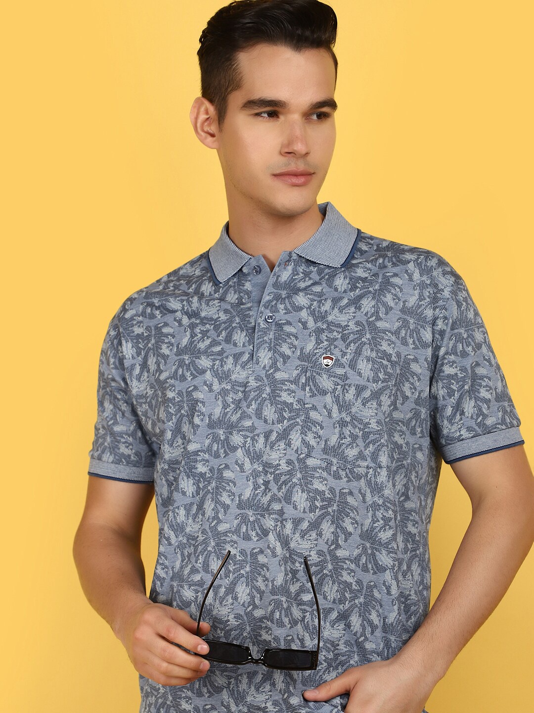 

V-Mart Floral Printed Polo Collar Cotton T-shirt, Blue