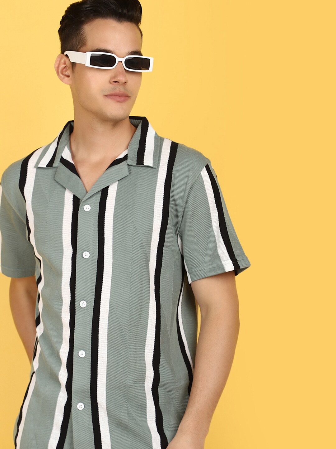 

V-Mart Vertical Striped Cuban Collar Cotton Casual Shirt, Green