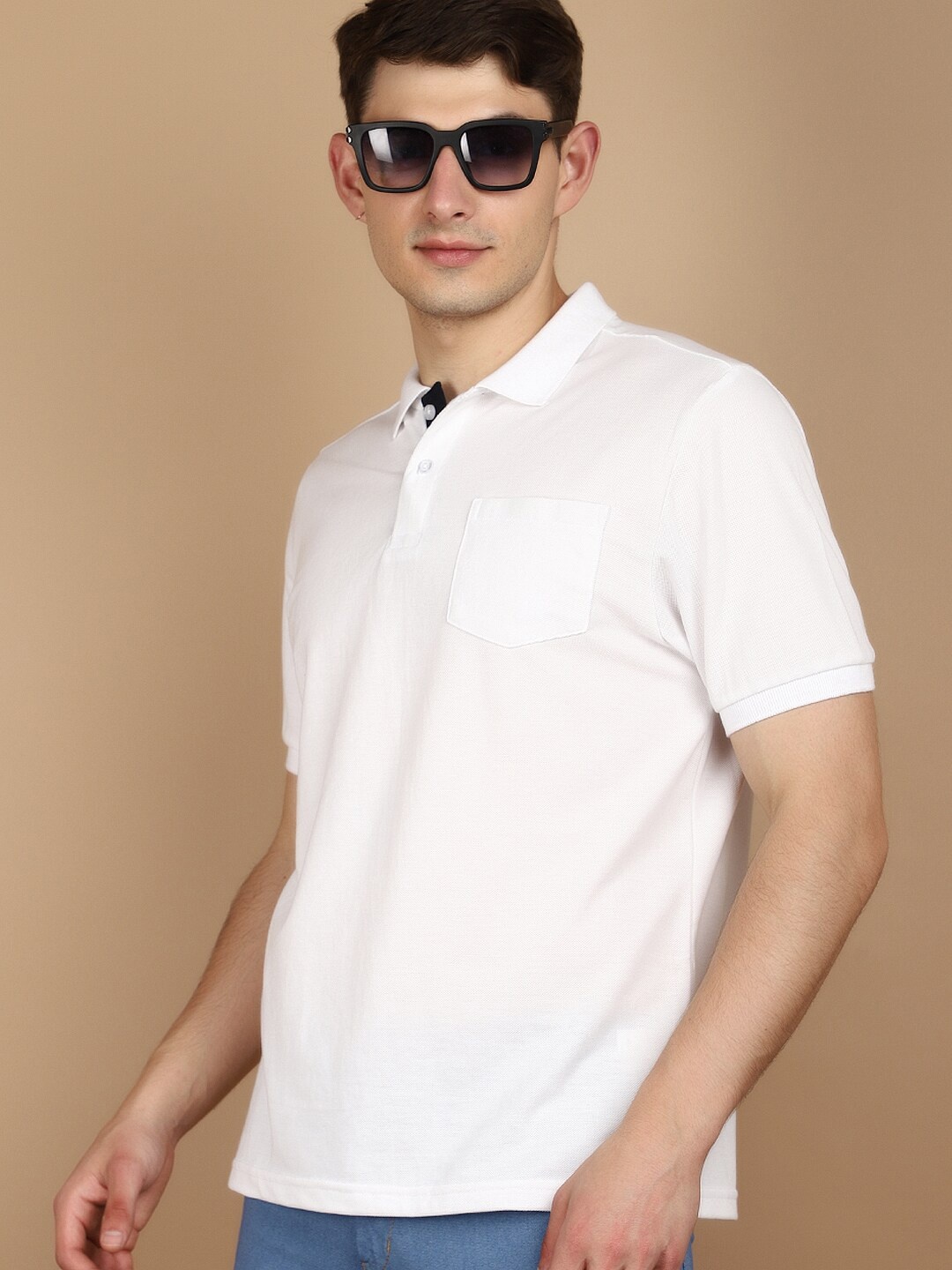 

V-Mart Polo Collar Shor Sleeves Pockets Cotton T-shirt, White