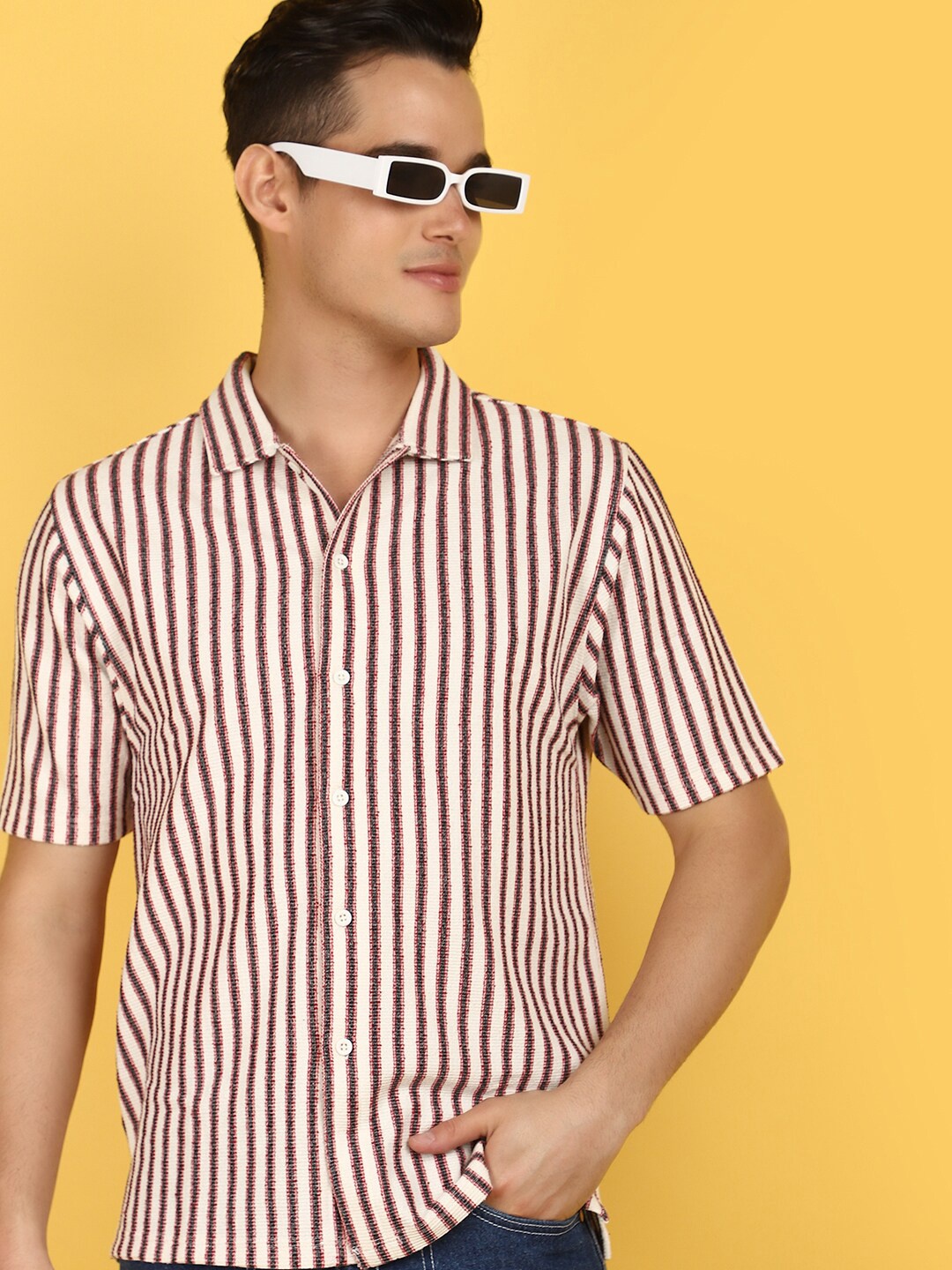 

V-Mart Vertical Striped Cotton Casual T-shirt, Beige