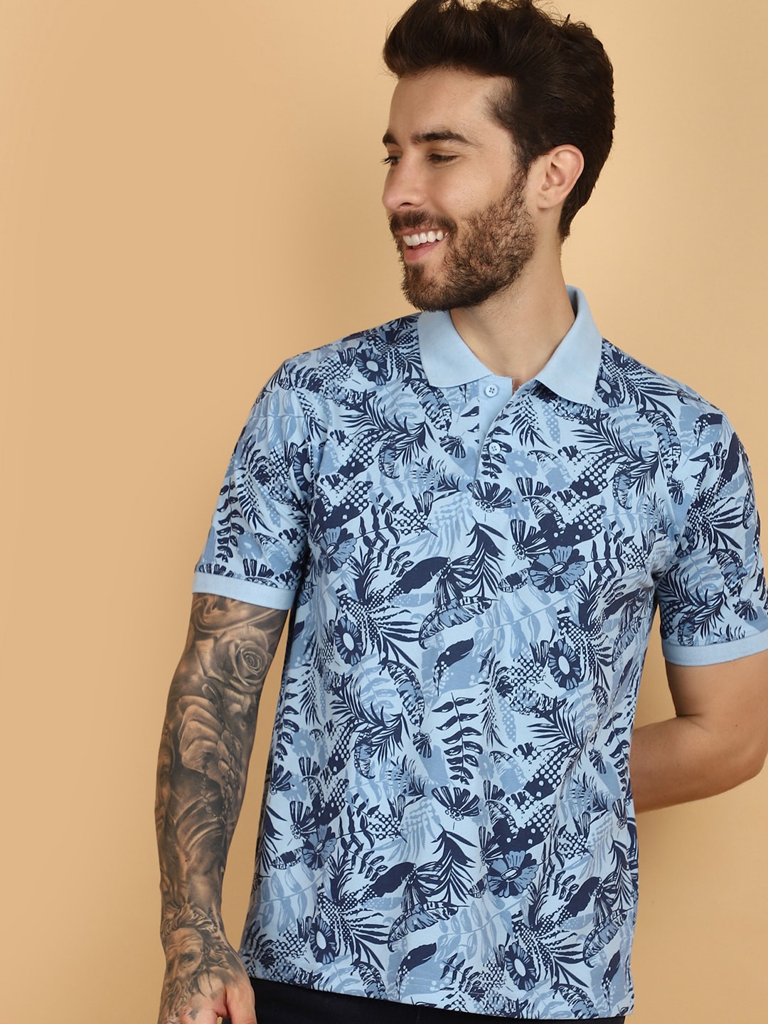 

V-Mart Floral Printed Polo Collar Short Sleeves Cotton Casual T-shirt, Blue