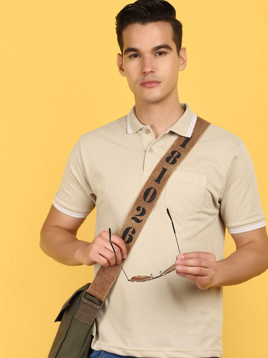 

V-Mart Geometric Printed Polo Collar T-shirt, Beige