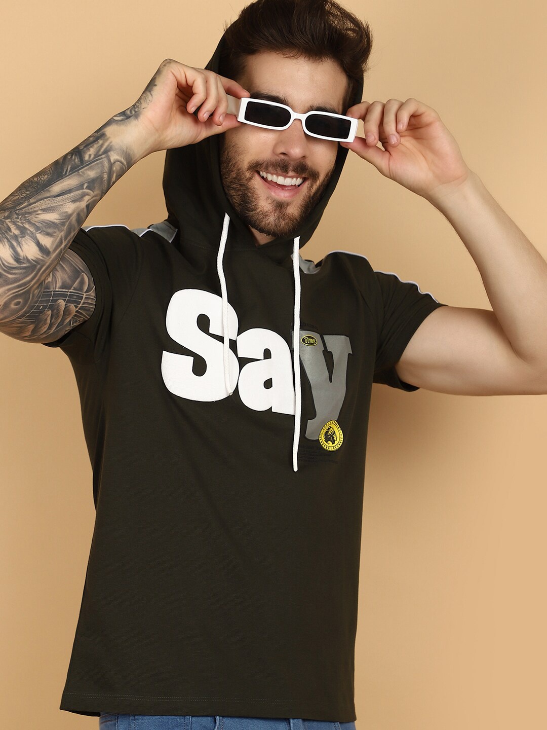 V-Mart Typography Print Hooded Slim Fit Cotton T-shirt, Green
