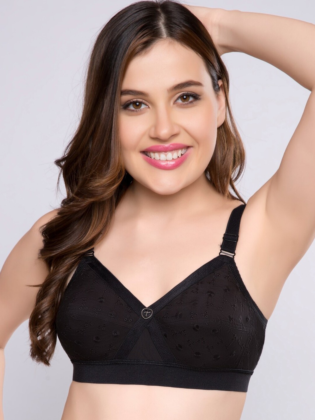 

Trylo Floral Self Design Full Coverage Non Padded Cotton Everyday Bra With All Day Comfort, Black