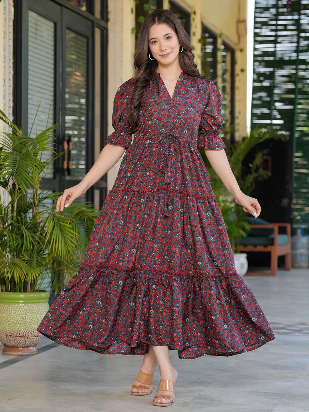 

RIITIH Floral Printed Mandarin Collar Puff Sleeves Gathered Tiered Cotton Maxi Dress, Grey