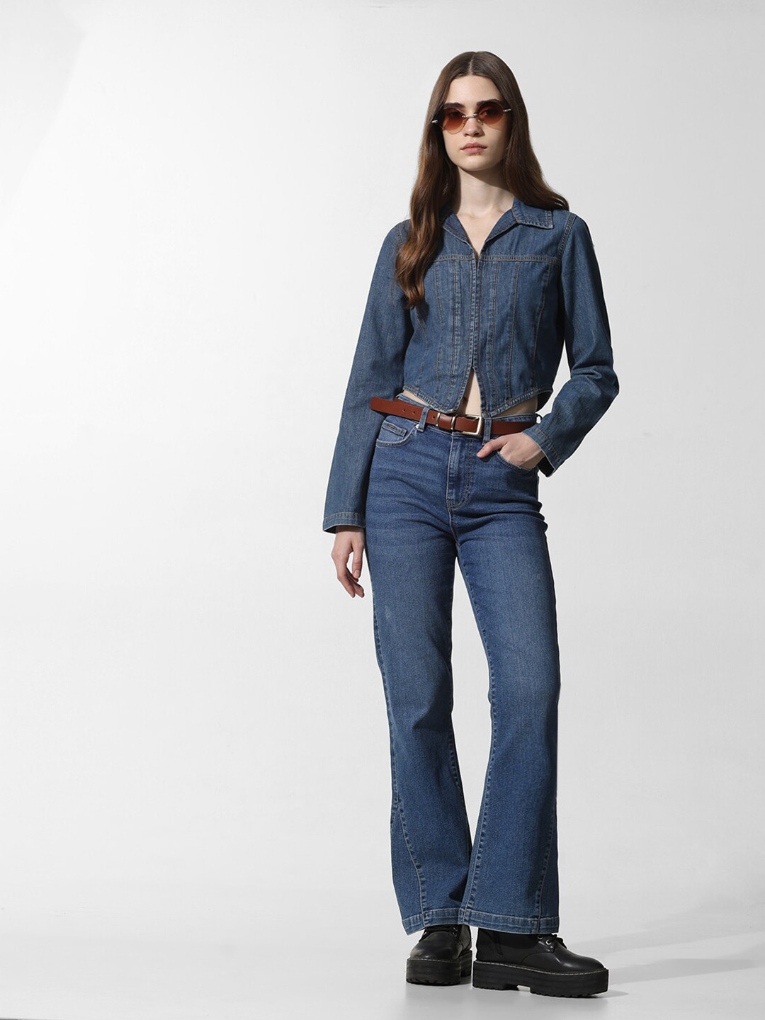 

ONLY ONLLOIRE LS DNM S Spread Collar Pure Cotton Denim Shirt, Blue