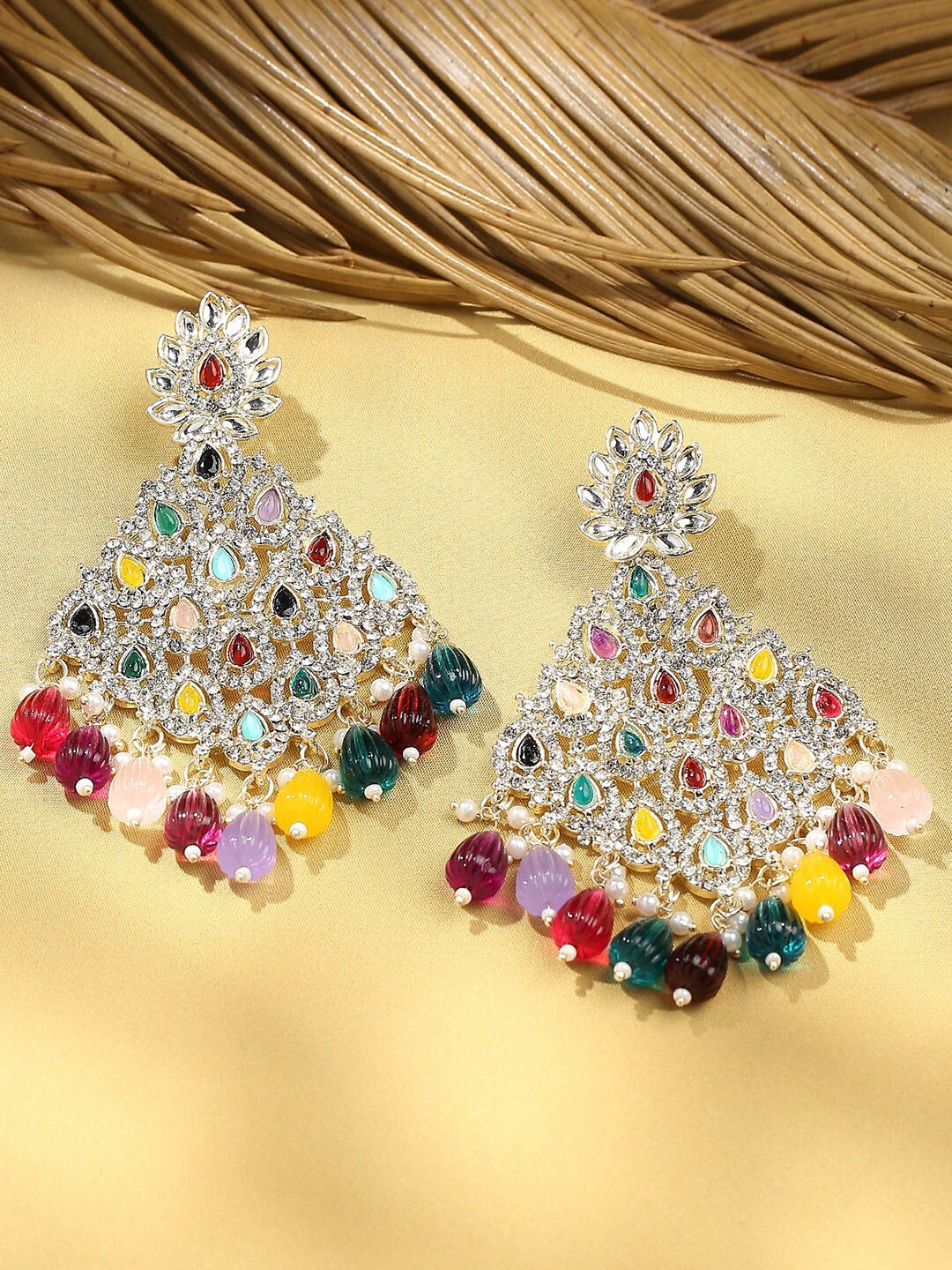 

VATSALYA creation Gold-Plated Artificial Stones Studded & Beaded Leaf Shaped Drop Earrings