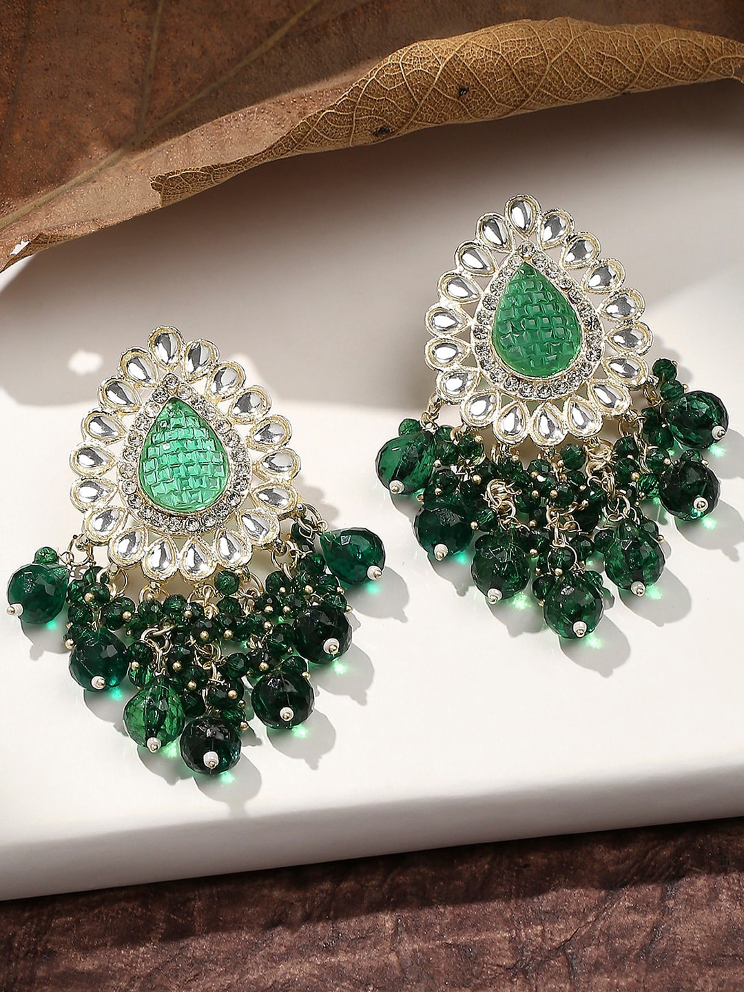 

VATSALYA creation Gold-Plated Stone-Studded & Beaded Drop Earrings