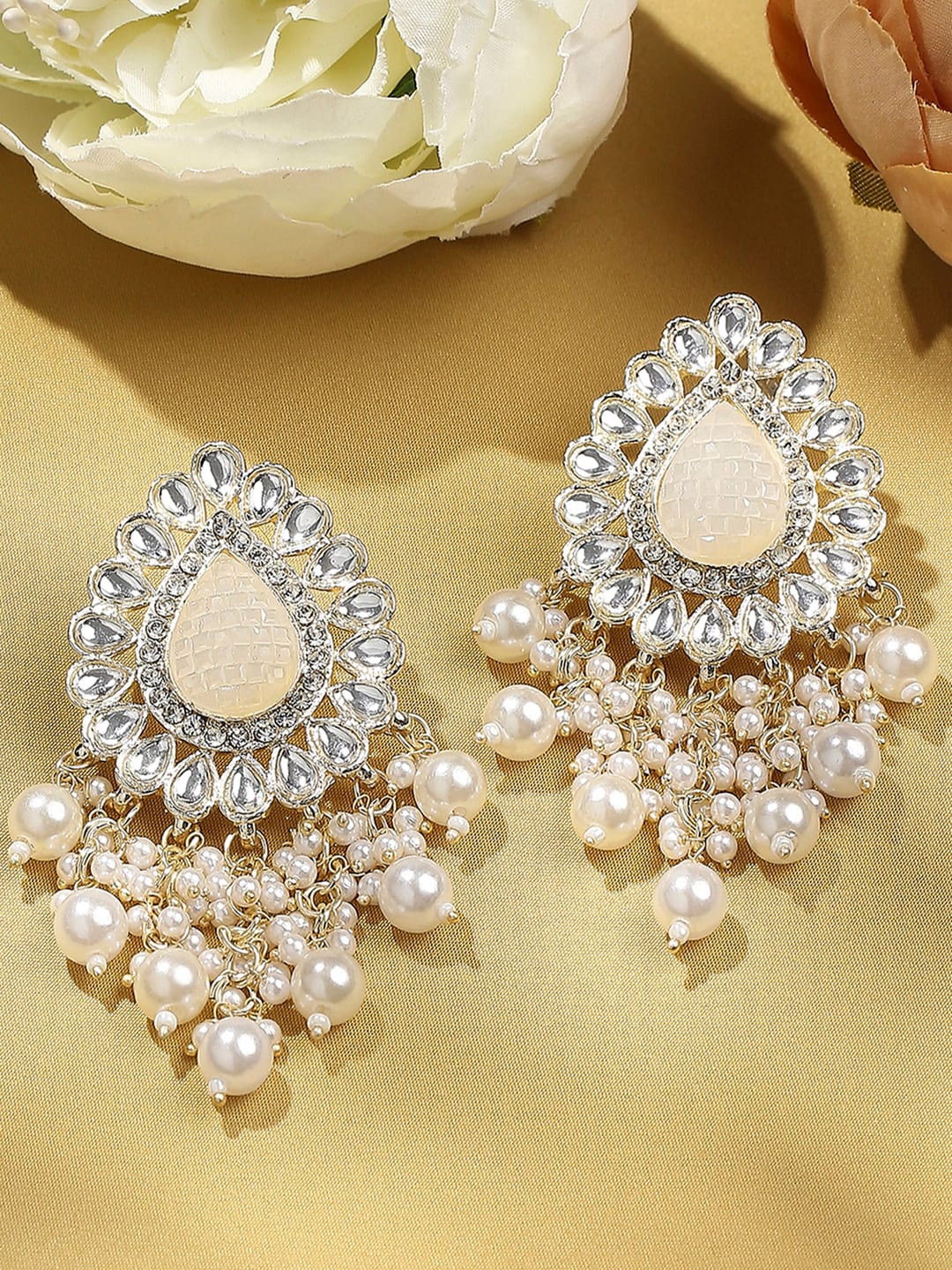 

VATSALYA creation Gold-Plated Leaf Shaped Drop Earrings, White