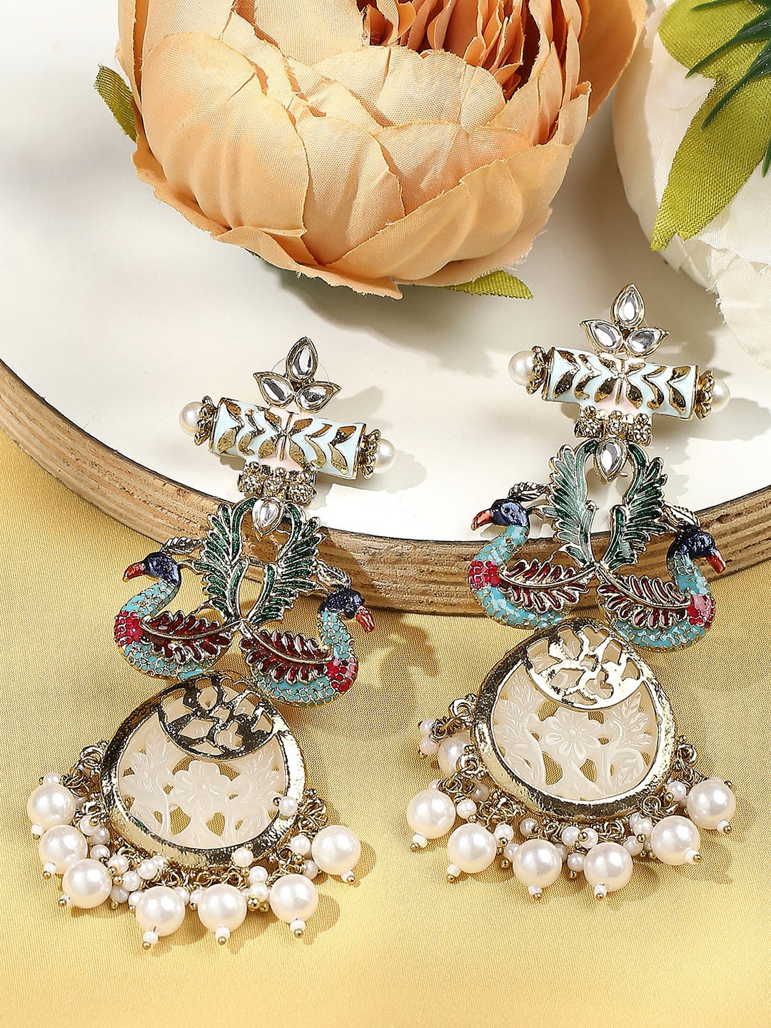 

VATSALYA creation Gold-Plated Peacock Shaped Drop Earrings, White