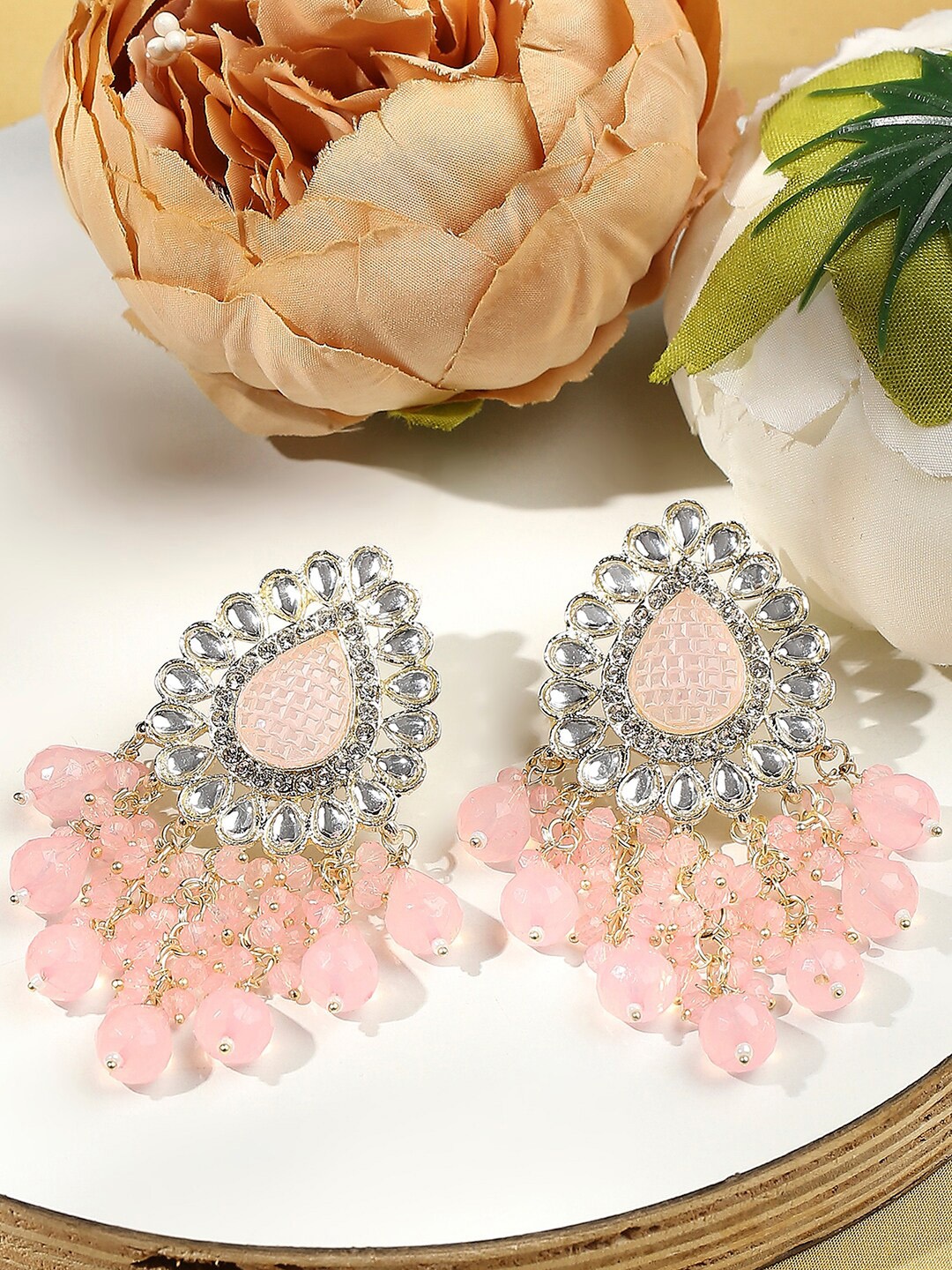 

VATSALYA creation Gold-Plated Leaf Shaped Drop Earrings, Pink