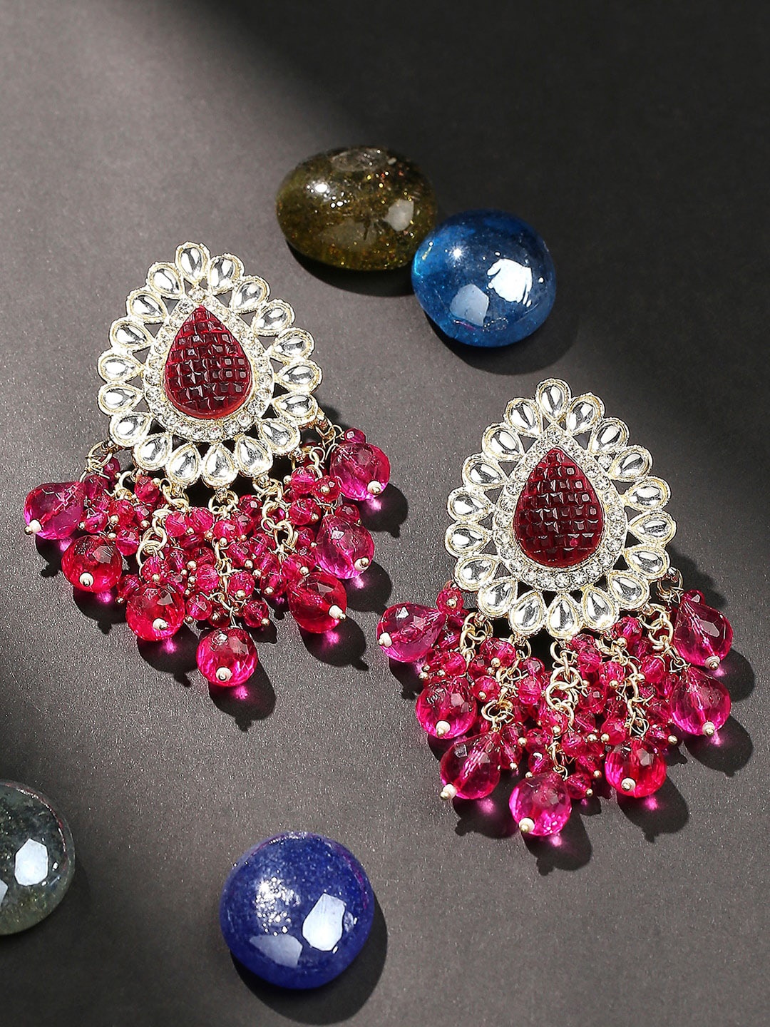 

VATSALYA creation Gold-Plated Leaf Shaped Drop Earrings, Magenta