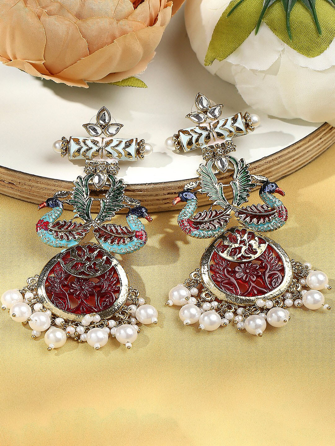 

VATSALYA creation Gold-Plated Stones Studded & Beaded Peacock Shaped Drop Earrings