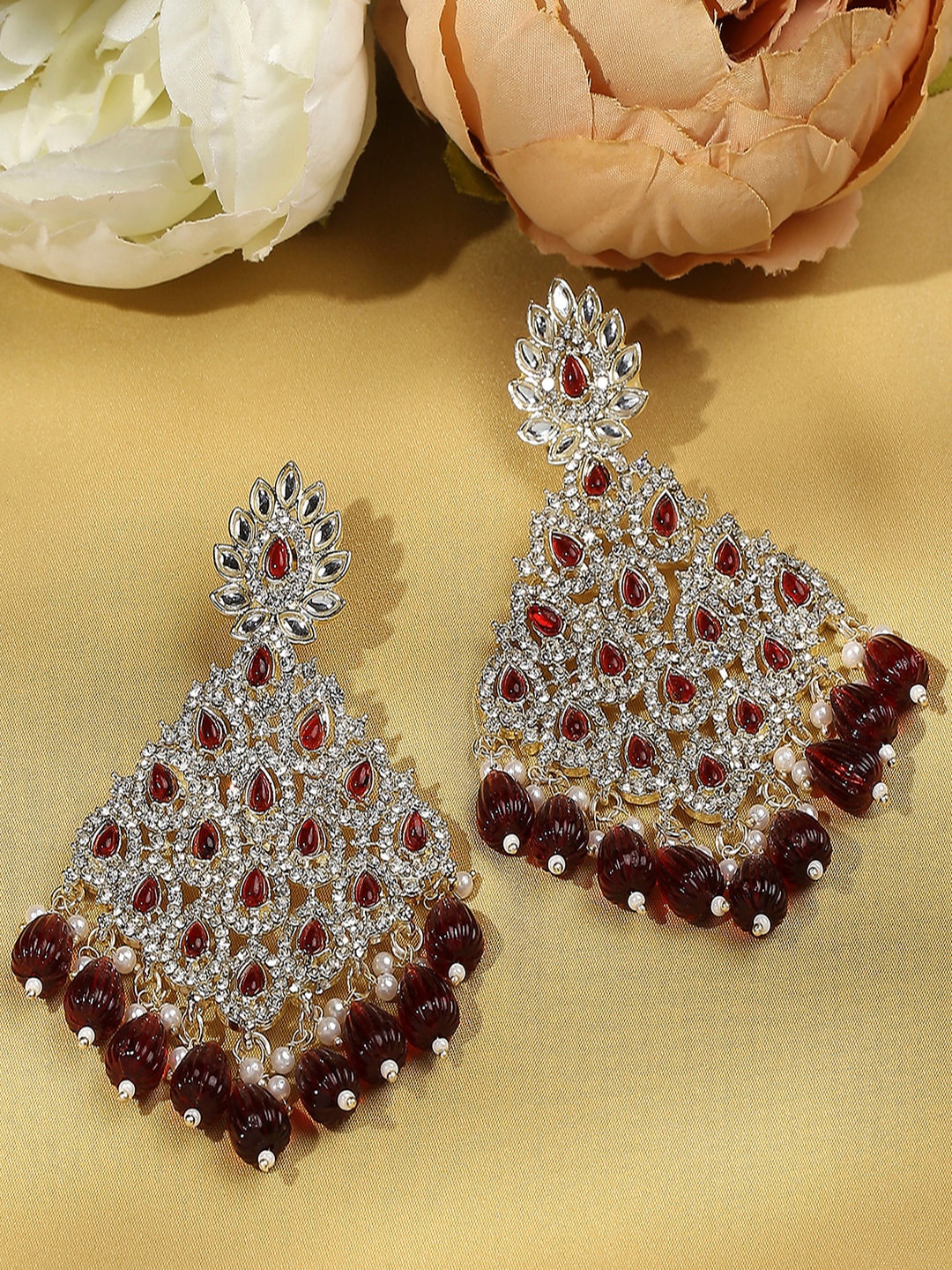 

VATSALYA creation Gold-Plated Artificial Stones Studded & Beaded Leaf Shaped Drop Earrings