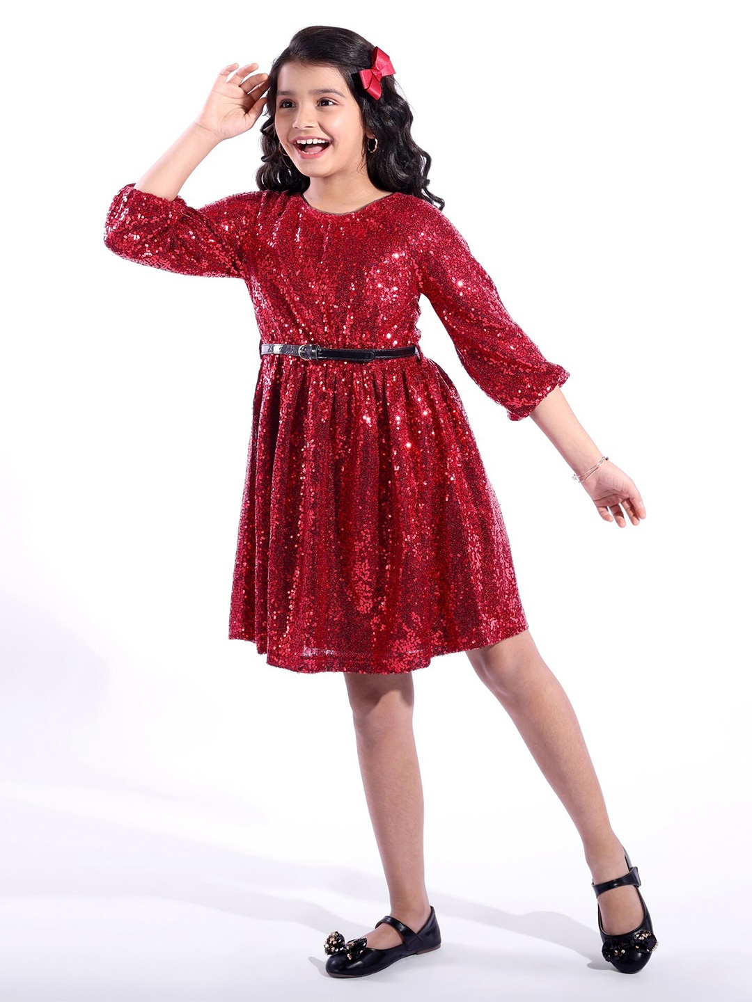 

Hola Bonita Girls Sequin Embellished Round Neck Cuffed Sleeves Fit & Flare Dress, Red