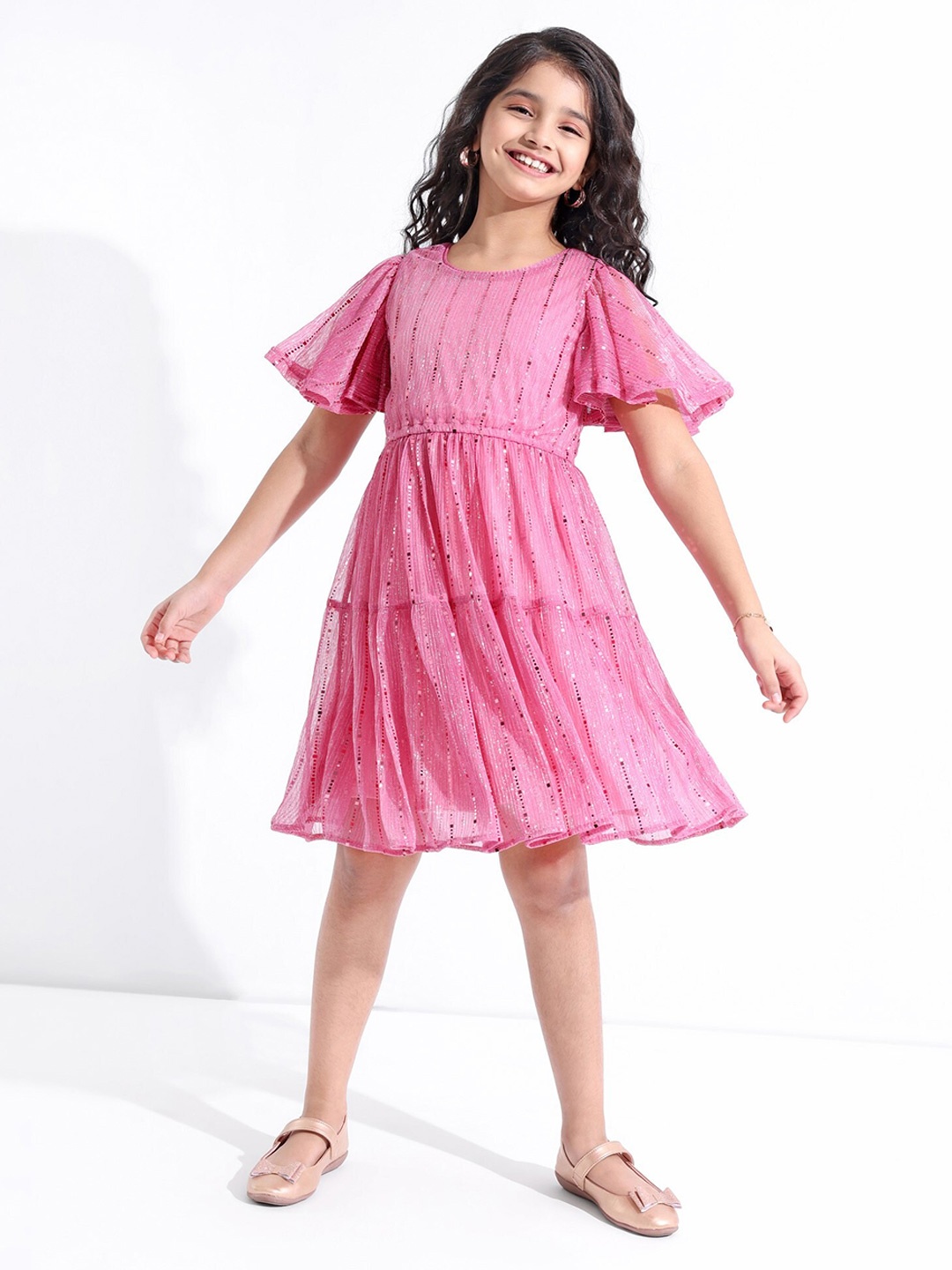 

Hola Bonita Embellished Flared Sleeve Net Fit & Flare Dress, Pink