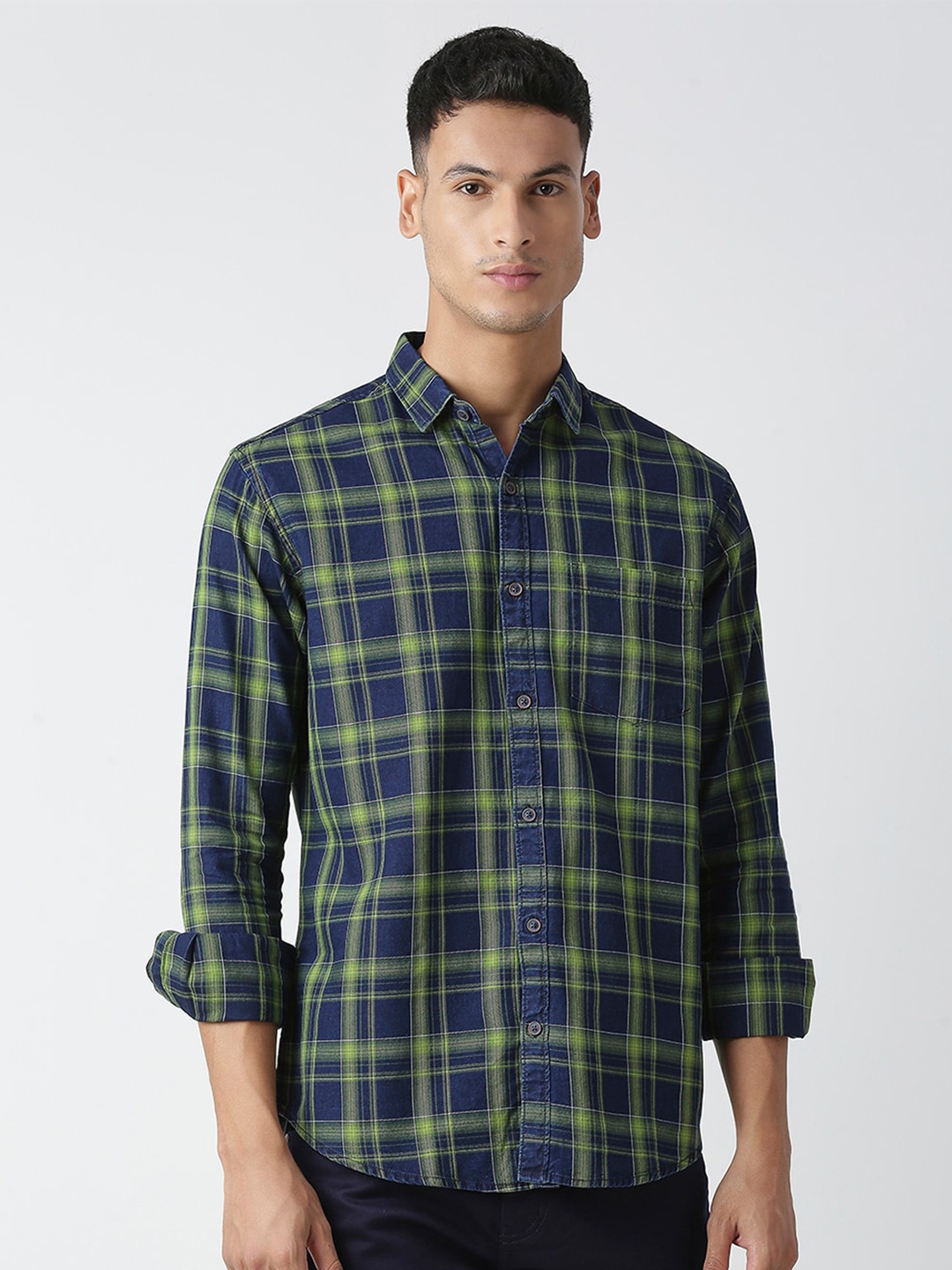 

HJ HASASI Slim Fit Tartan Checked Cotton Casual Shirt, Navy blue