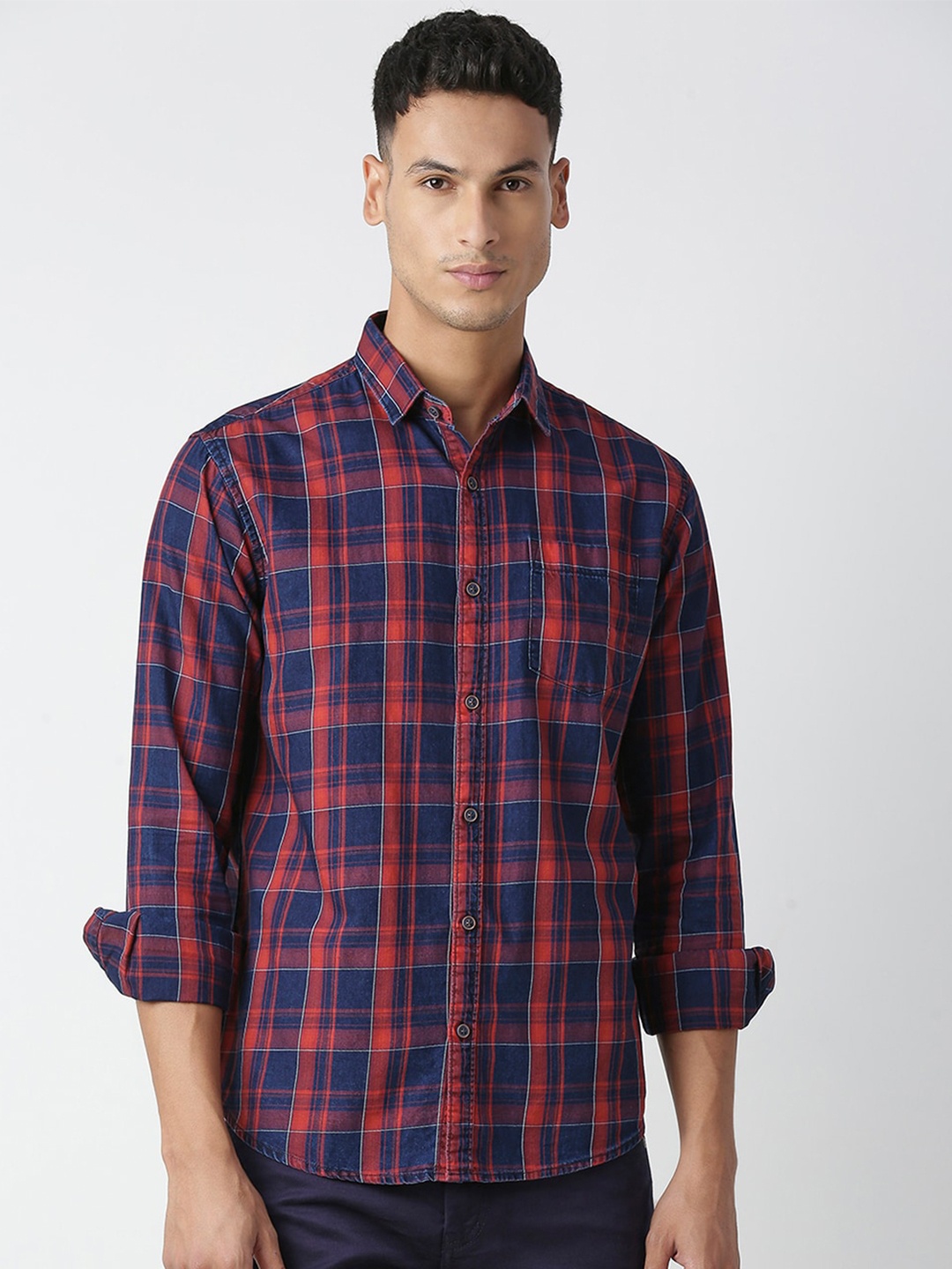 

HJ HASASI Slim Fit Tartan Checked Cotton Casual Shirt, Navy blue