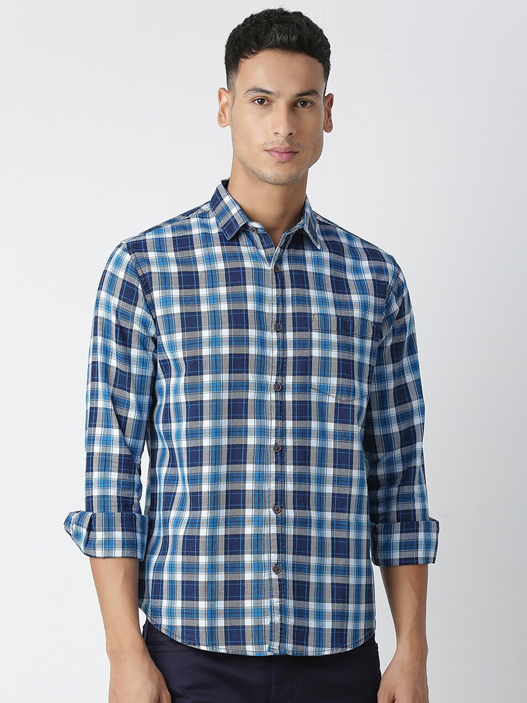 

HJ HASASI Slim Fit Tartan Checked Cotton Casual Shirt, Navy blue