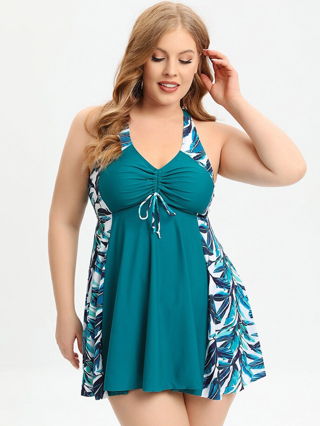 

Plus Curvves Plus Size Tropical Printed Knot Front Ruffle Swim Dress, Blue