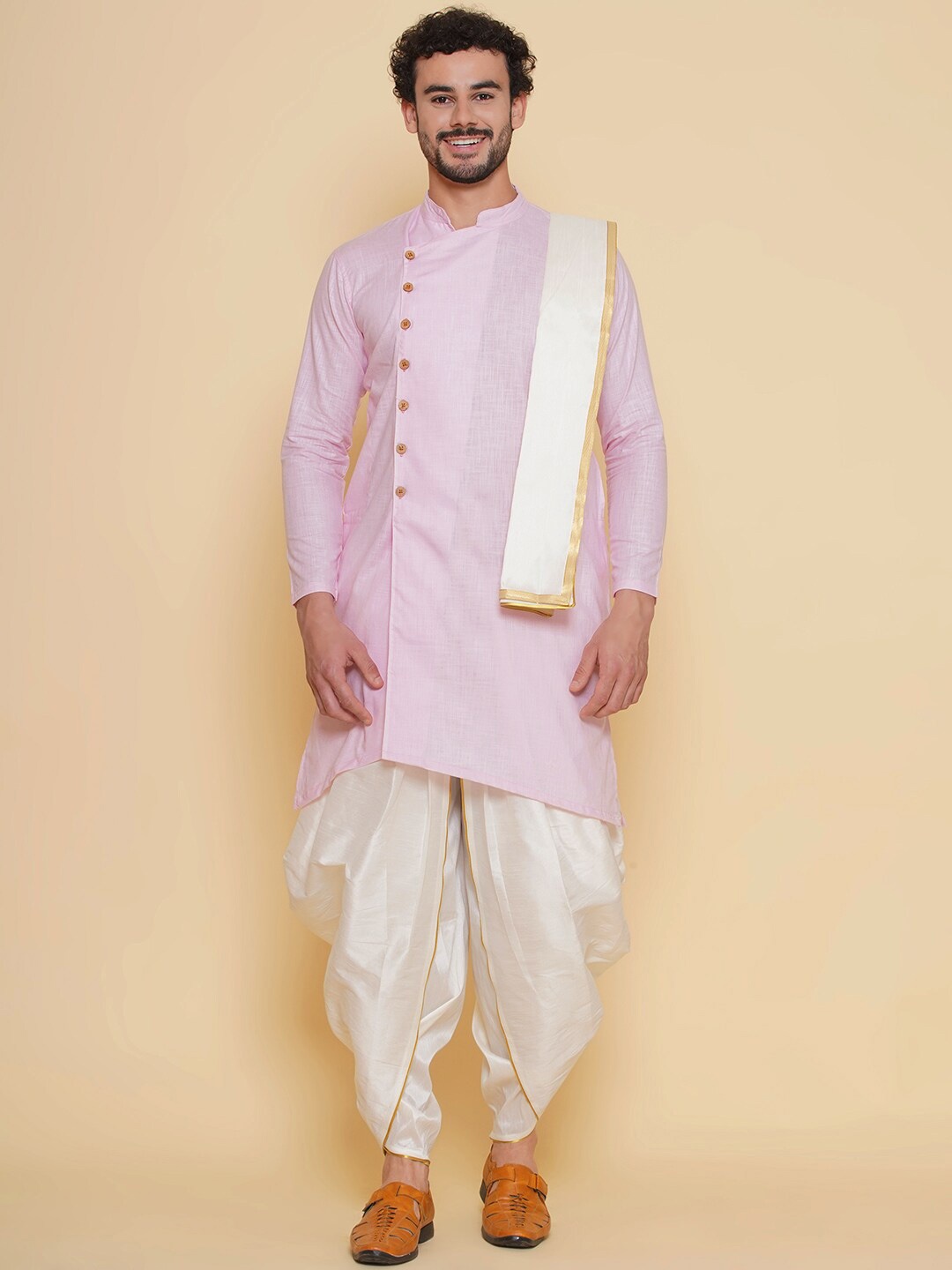 

Sethukrishna Mandarin Collar Straight Kurta & Dhoti Pants With Angavastram Set, Pink