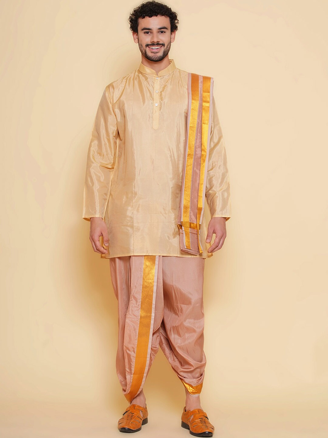 

Sethukrishna Mandarin Collar Regular Straight Kurta with Dhoti Pants & With Dupatta, Beige