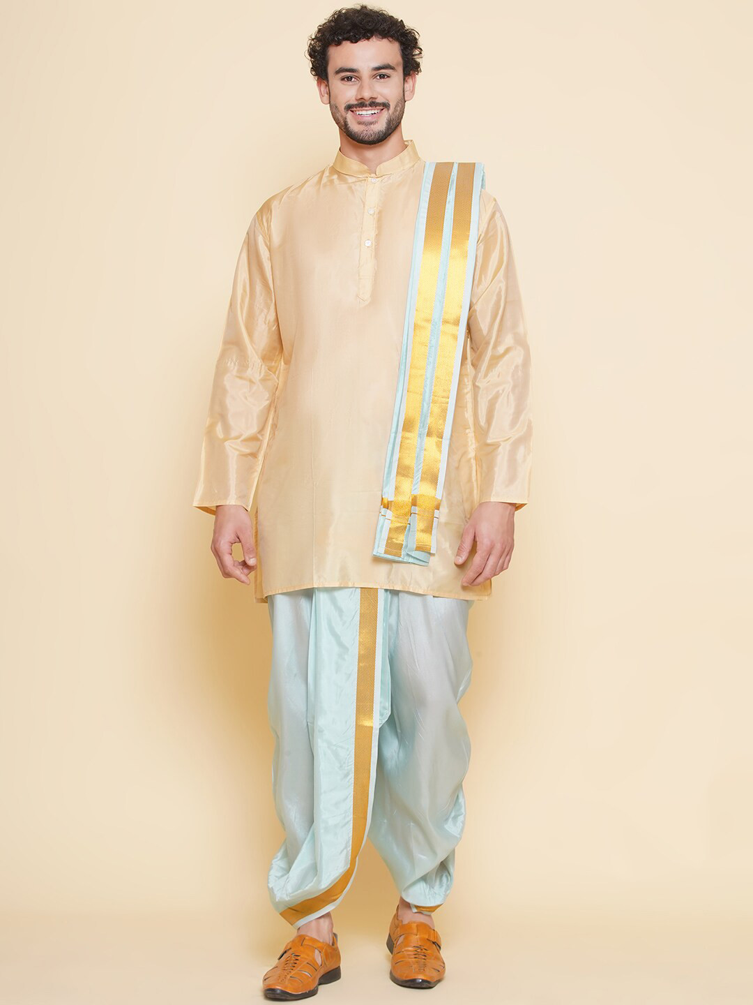 

Sethukrishna Mandarin Collar Straight Kurta & Dhoti Pants With Angavastram Set, Beige
