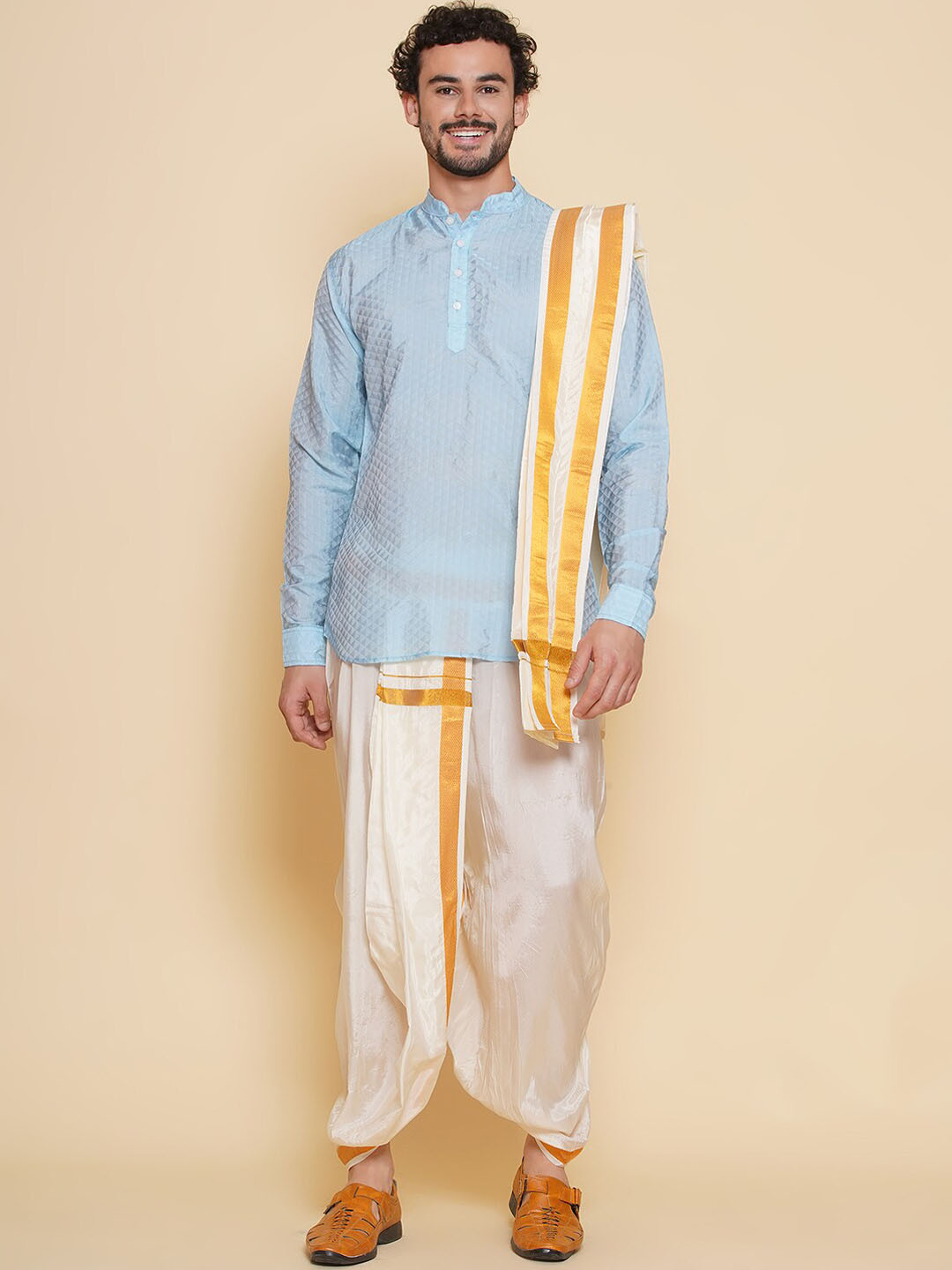 

Sethukrishna Self Design Straight Kurta & Dhoti Pants With Angavastram Set, Blue
