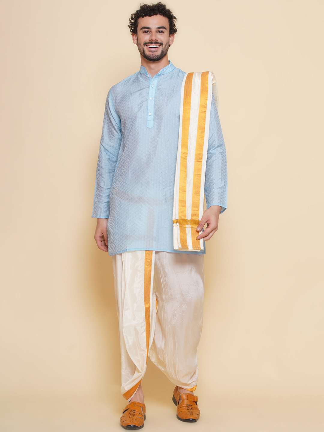 

Sethukrishna Mandarin Collar Regular Straight Kurta with Dhoti Pants & With Dupatta, Blue